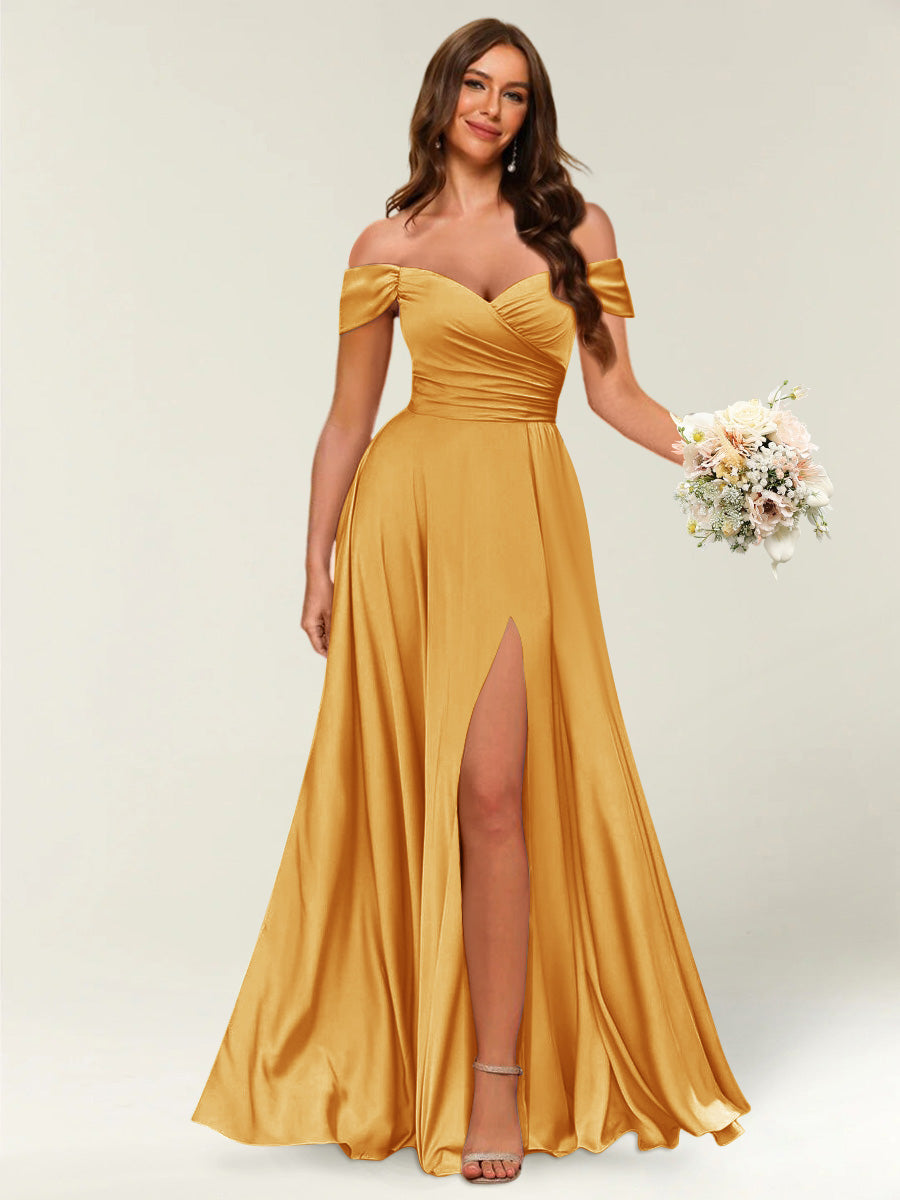 Floor-Length Off-the-Shoulder Long Formal Dresses with Split Side & Ru – Lavetir