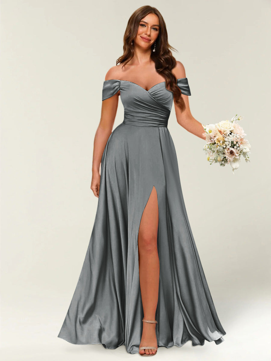 Lavetir Dusty Blue Floor-Length Off-the-Shoulder Long Formal Dresses with Split Side & Ruched 2026