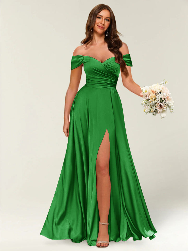 Floor-Length Off-the-Shoulder Long Formal Dresses with Split Side &amp; Ruched
