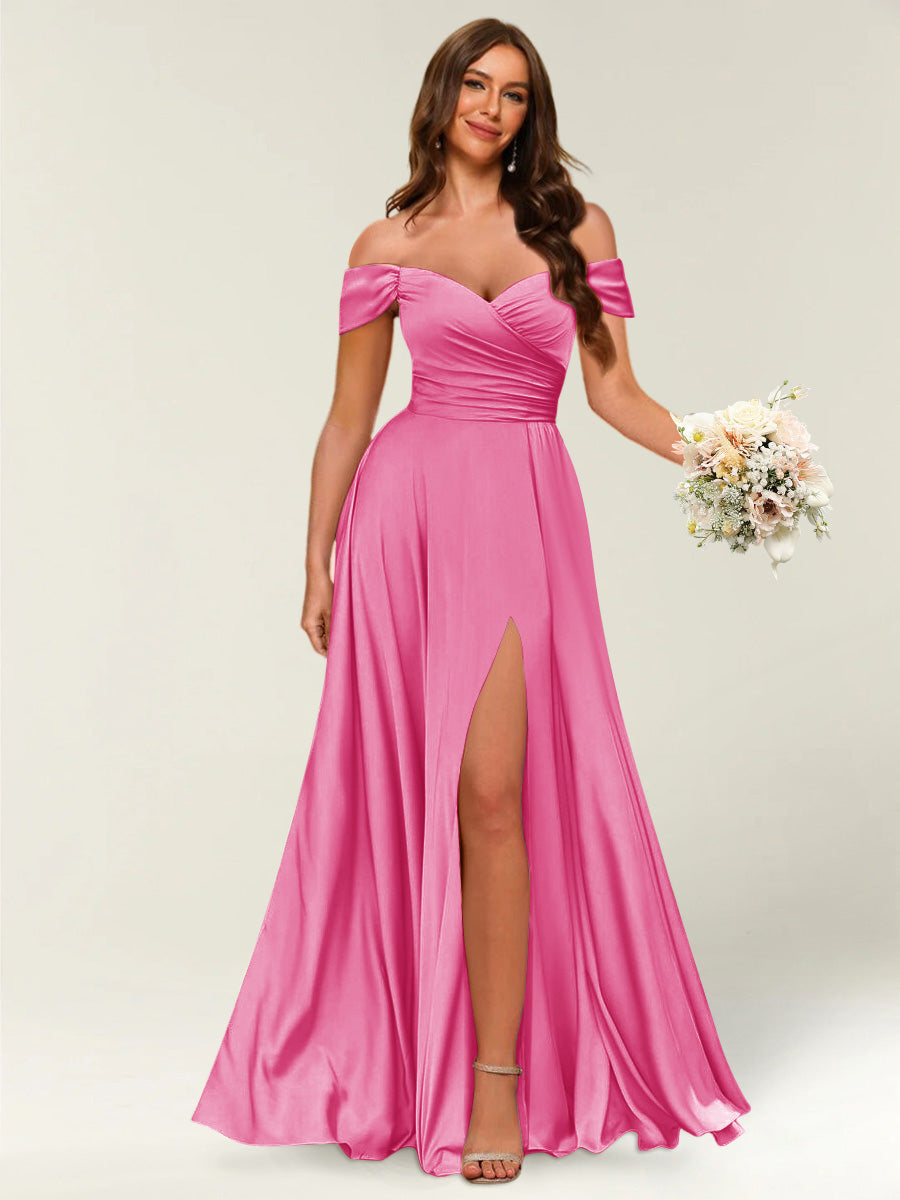Lavetir Hot Pink Floor-Length Off-the-Shoulder Long Formal Dresses with Split Side & Ruched 2026