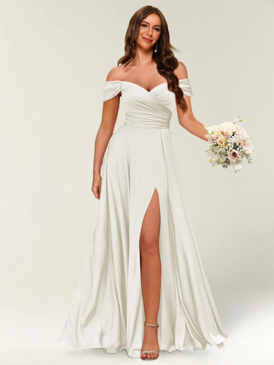 Floor-Length Off-the-Shoulder Long Formal Dresses with Split Side &amp; Ruched