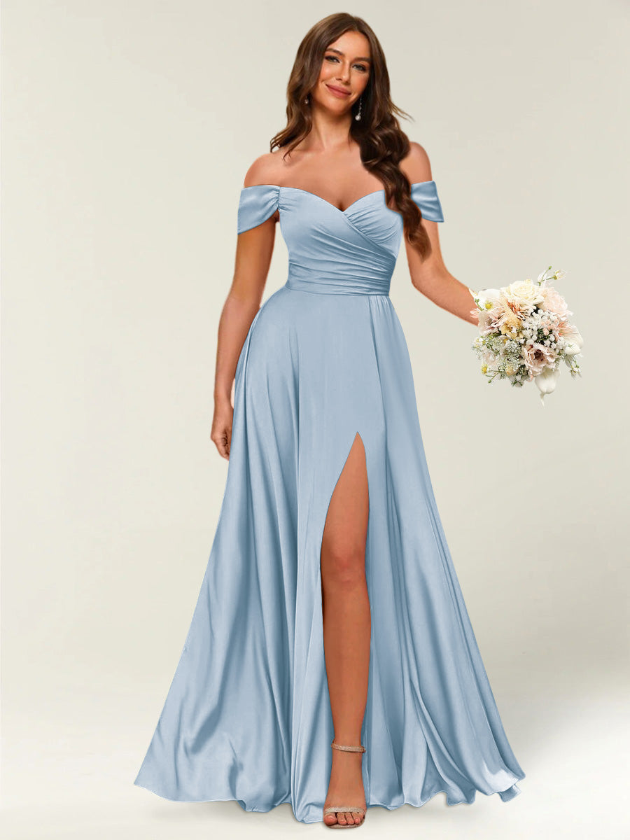 Floor-Length Off-the-Shoulder Long Formal Dresses with Split Side &amp; Ruched
