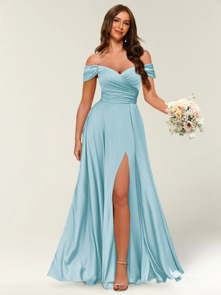 Floor-Length Off-the-Shoulder Long Formal Dresses with Split Side &amp; Ruched