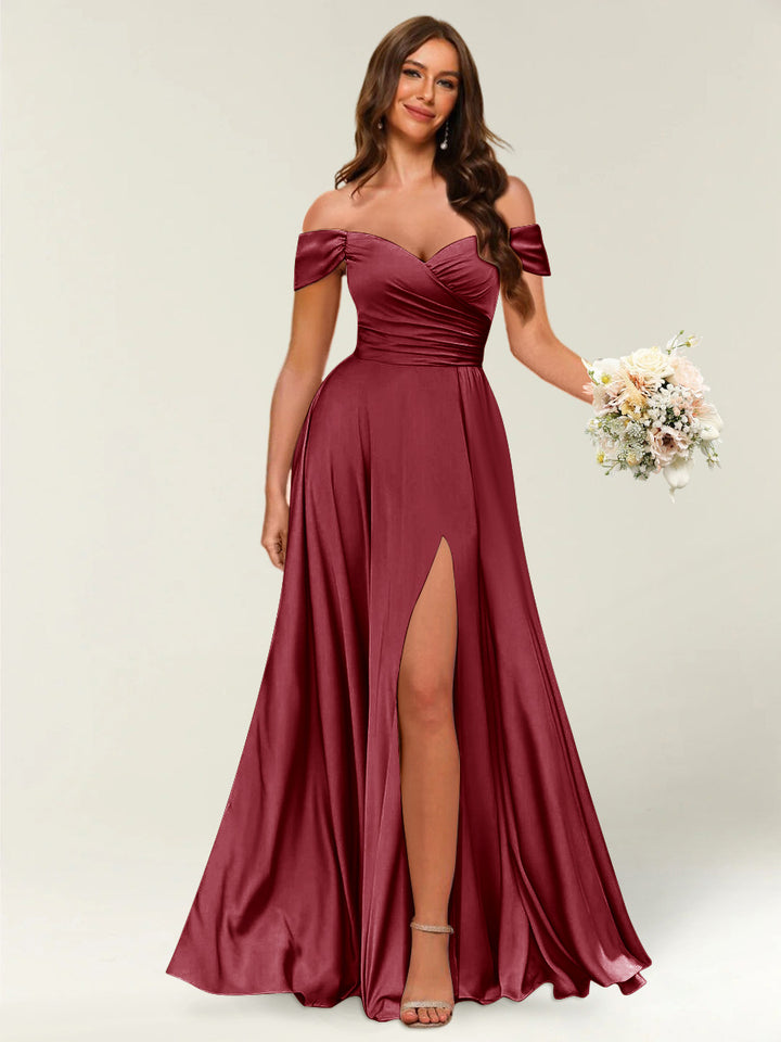 Floor-Length Off-the-Shoulder Long Formal Dresses with Split Side &amp; Ruched