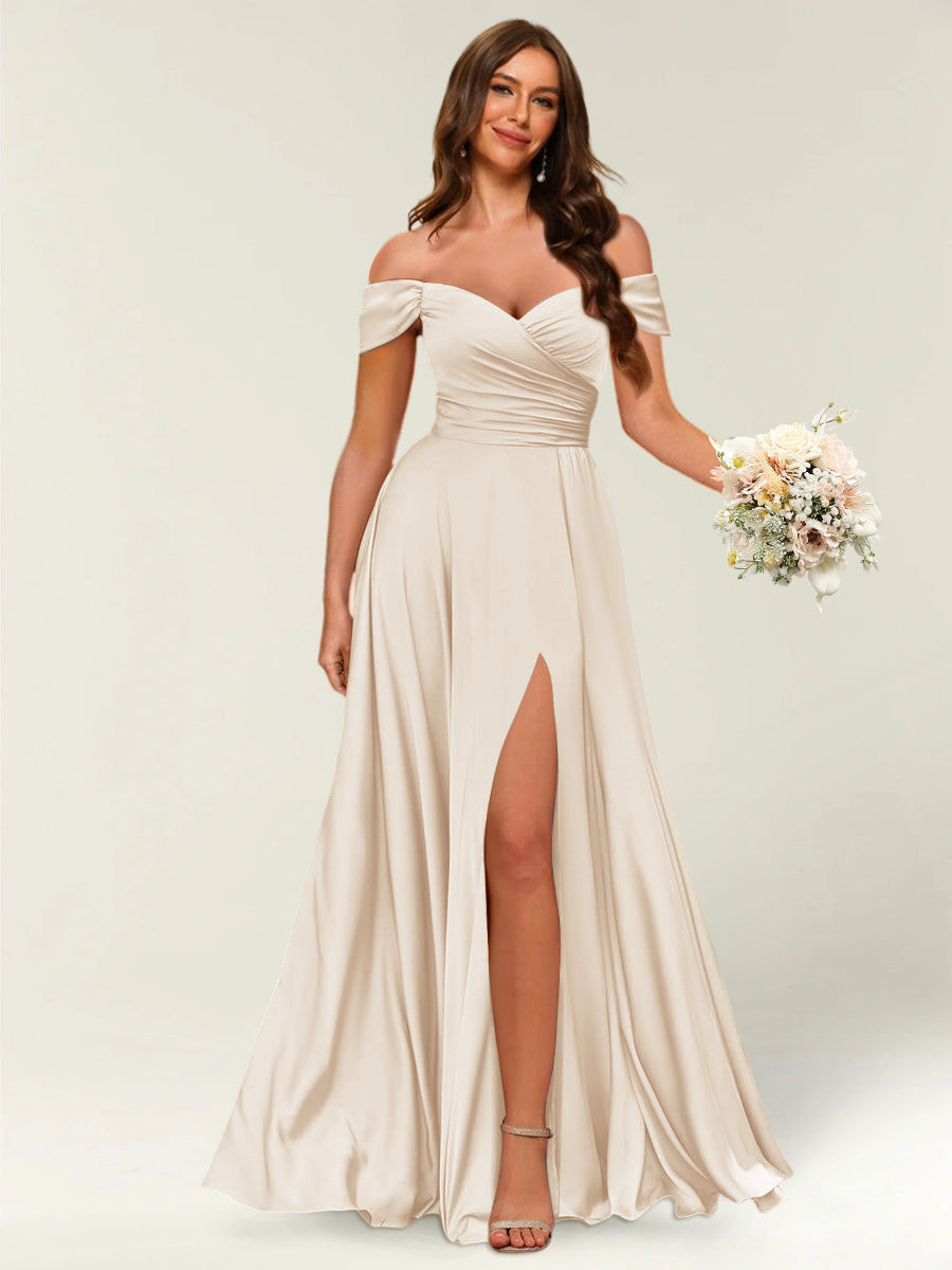Floor-Length Off-the-Shoulder Long Formal Dresses with Split Side &amp; Ruched