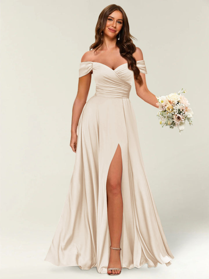 Floor-Length Off-the-Shoulder Long Formal Dresses with Split Side &amp; Ruched