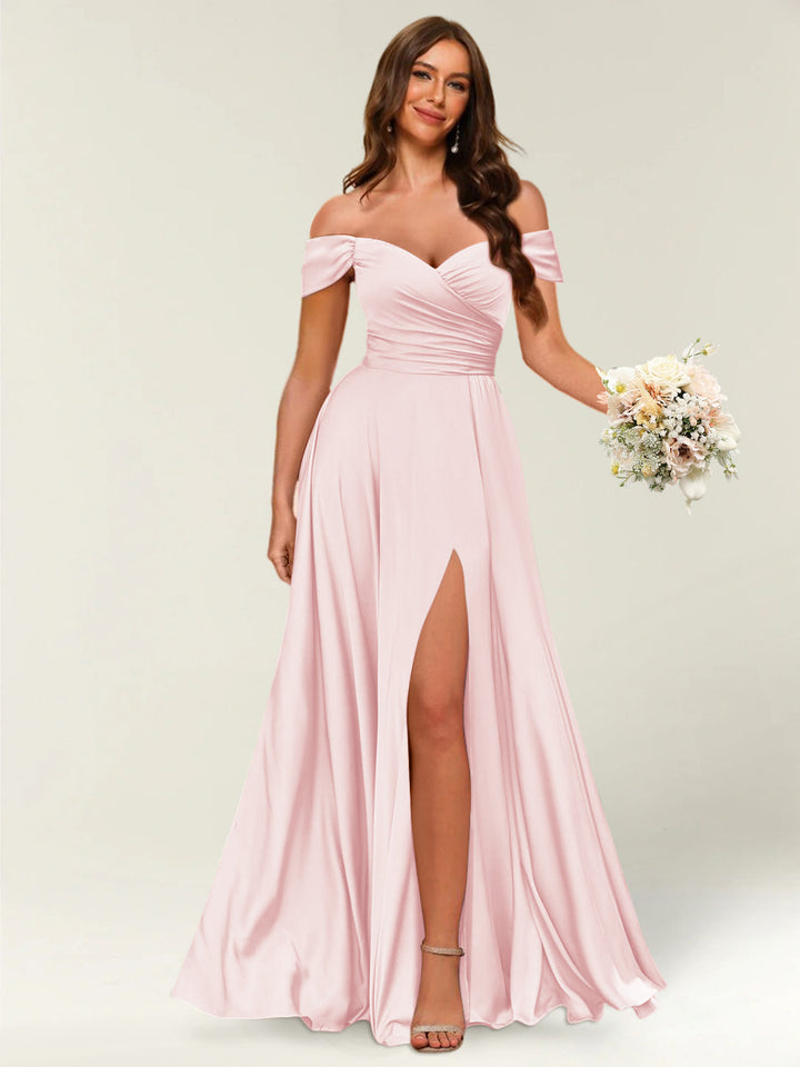 Floor-Length Off-the-Shoulder Long Formal Dresses with Split Side &amp; Ruched