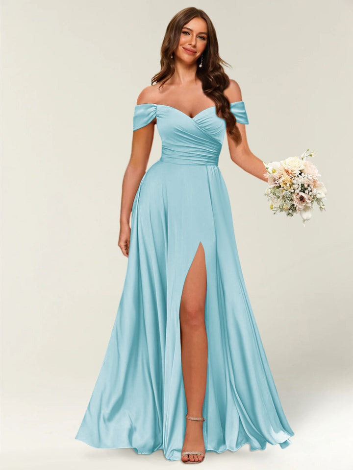 Floor-Length Off-the-Shoulder Long Formal Dresses with Split Side &amp; Ruched