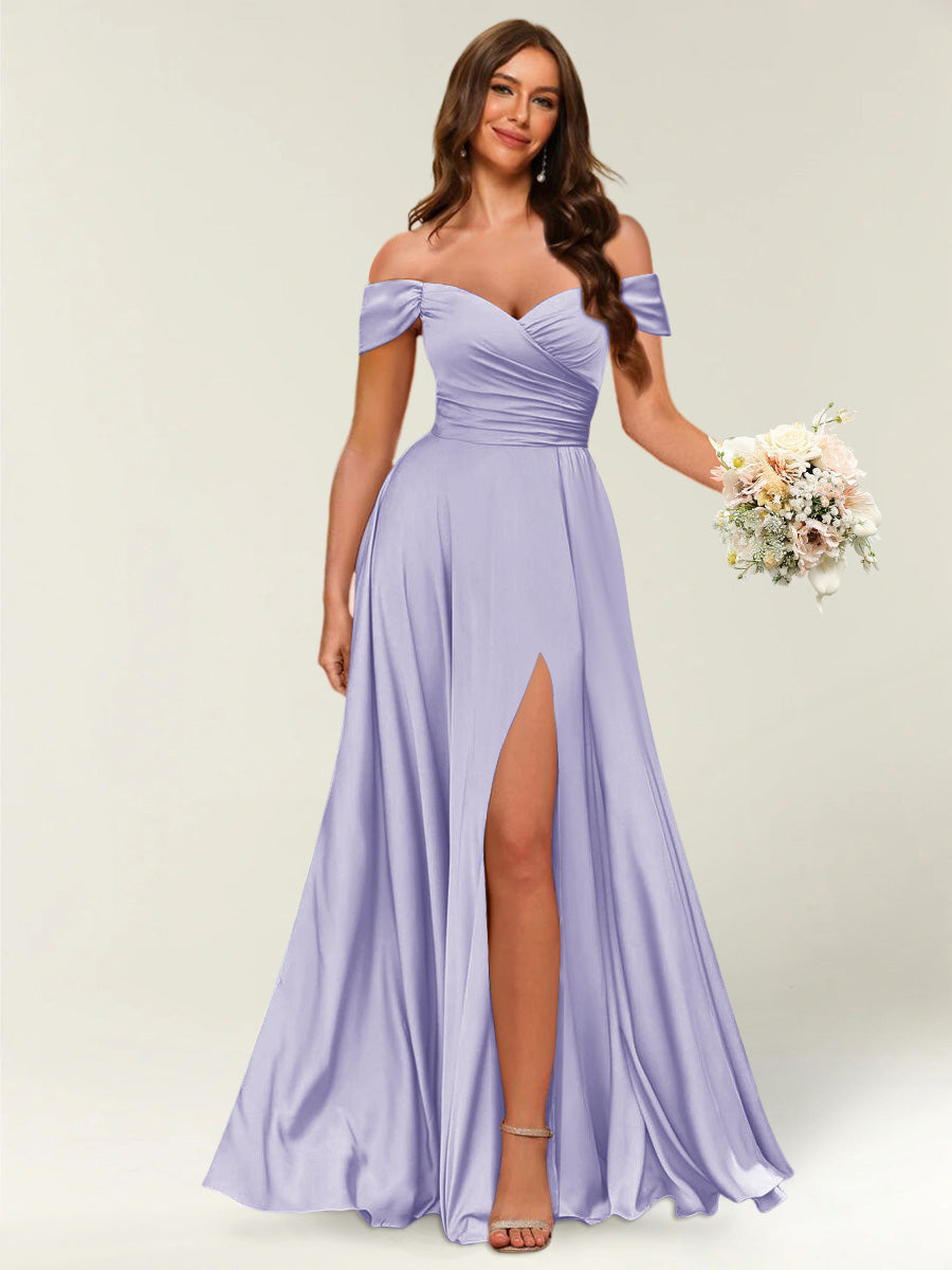 Floor-Length Off-the-Shoulder Long Formal Dresses with Split Side &amp; Ruched