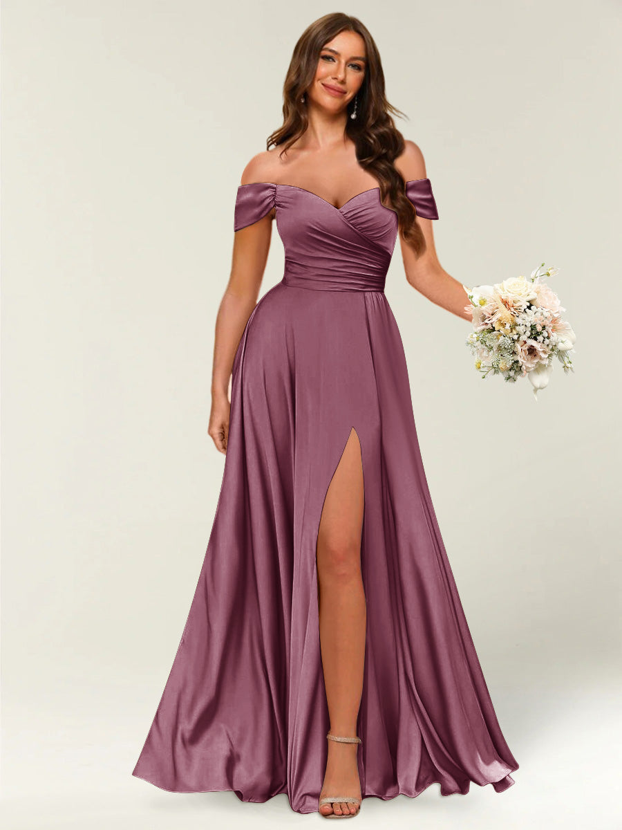 Floor-Length Off-the-Shoulder Long Formal Dresses with Split Side &amp; Ruched