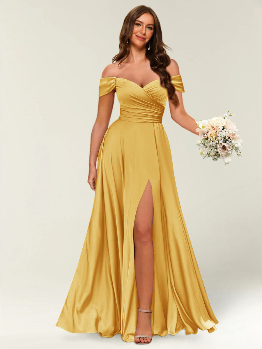 Floor-Length Off-the-Shoulder Long Formal Dresses with Split Side & Ru – Lavetir