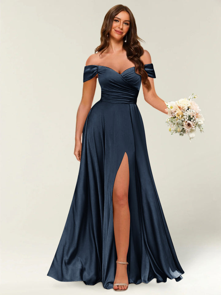 Floor-Length Off-the-Shoulder Long Formal Dresses with Split Side &amp; Ruched