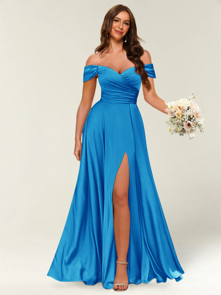 Floor-Length Off-the-Shoulder Long Formal Dresses with Split Side &amp; Ruched