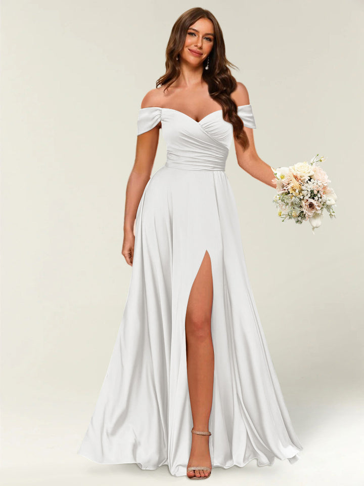 Floor-Length Off-the-Shoulder Long Formal Dresses with Split Side &amp; Ruched