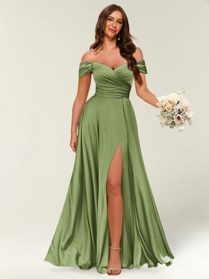 Floor-Length Off-the-Shoulder Long Formal Dresses with Split Side &amp; Ruched