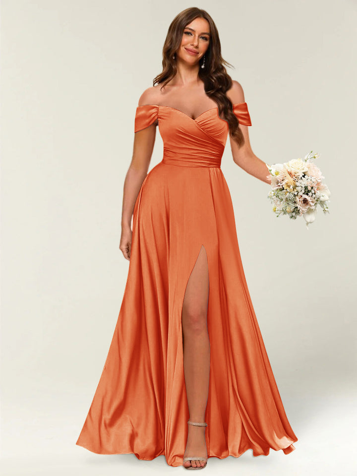 Floor-Length Off-the-Shoulder Long Formal Dresses with Split Side &amp; Ruched