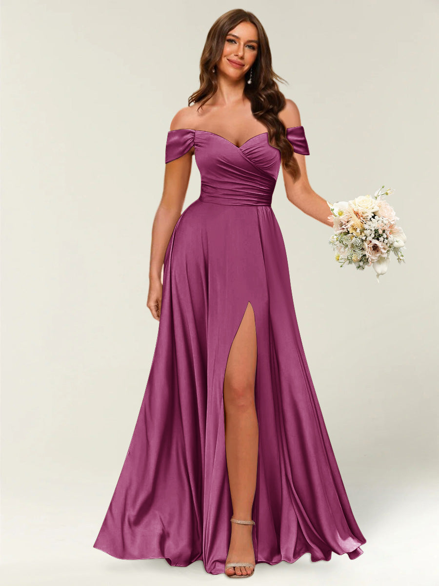 Floor-Length Off-the-Shoulder Long Formal Dresses with Split Side &amp; Ruched