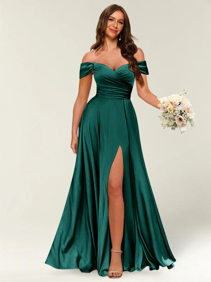 Floor-Length Off-the-Shoulder Long Formal Dresses with Split Side &amp; Ruched