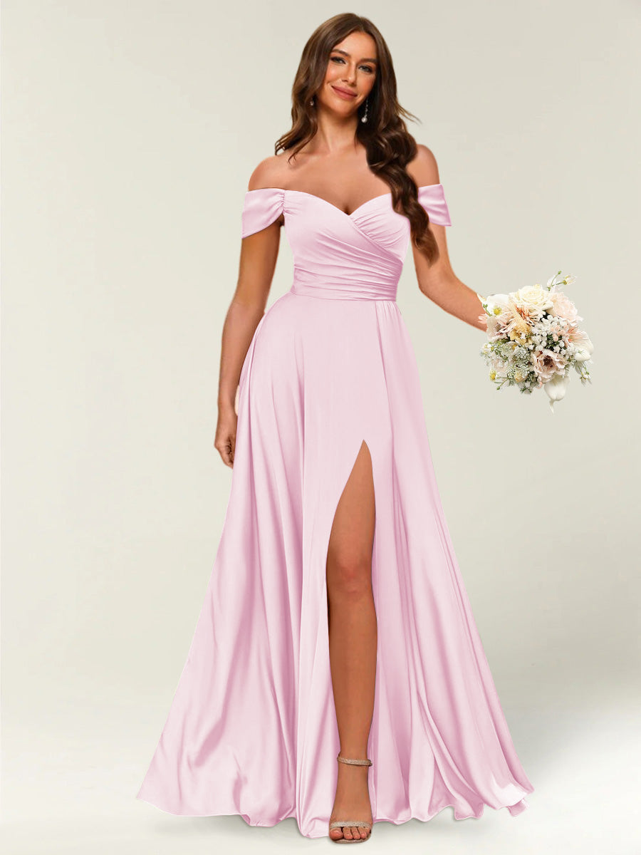 Floor-Length Off-the-Shoulder Long Formal Dresses with Split Side &amp; Ruched