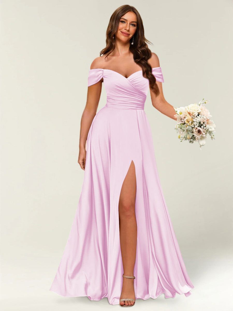 Floor-Length Off-the-Shoulder Long Formal Dresses with Split Side &amp; Ruched