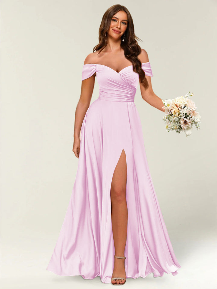 Floor-Length Off-the-Shoulder Long Formal Dresses with Split Side &amp; Ruched