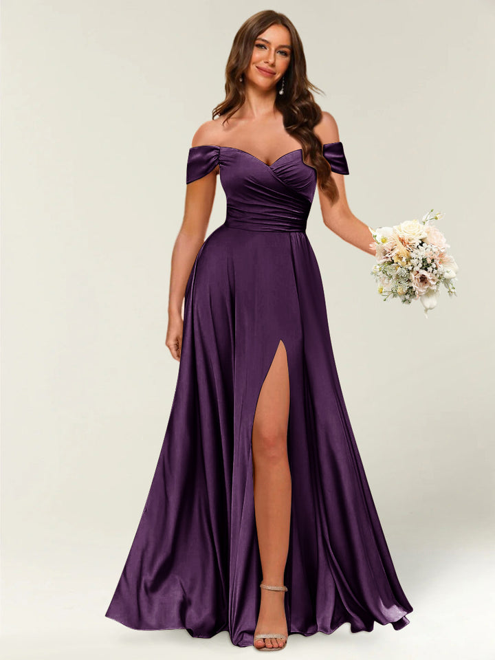 Floor-Length Off-the-Shoulder Long Formal Dresses with Split Side &amp; Ruched