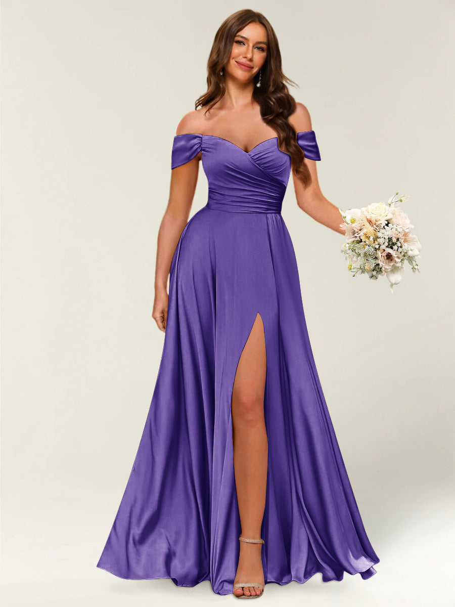 Floor-Length Off-the-Shoulder Long Formal Dresses with Split Side &amp; Ruched