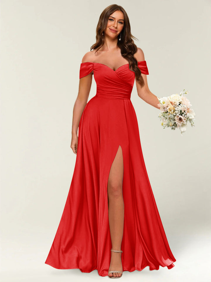 Floor-Length Off-the-Shoulder Long Formal Dresses with Split Side &amp; Ruched