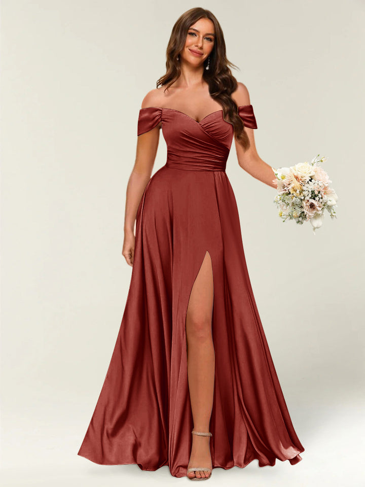 Floor-Length Off-the-Shoulder Long Formal Dresses with Split Side &amp; Ruched