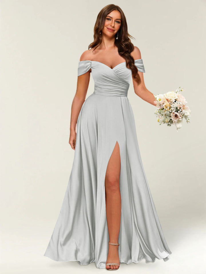 Floor-Length Off-the-Shoulder Long Formal Dresses with Split Side &amp; Ruched