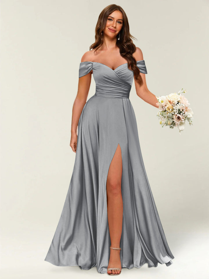 Floor-Length Off-the-Shoulder Long Formal Dresses with Split Side &amp; Ruched