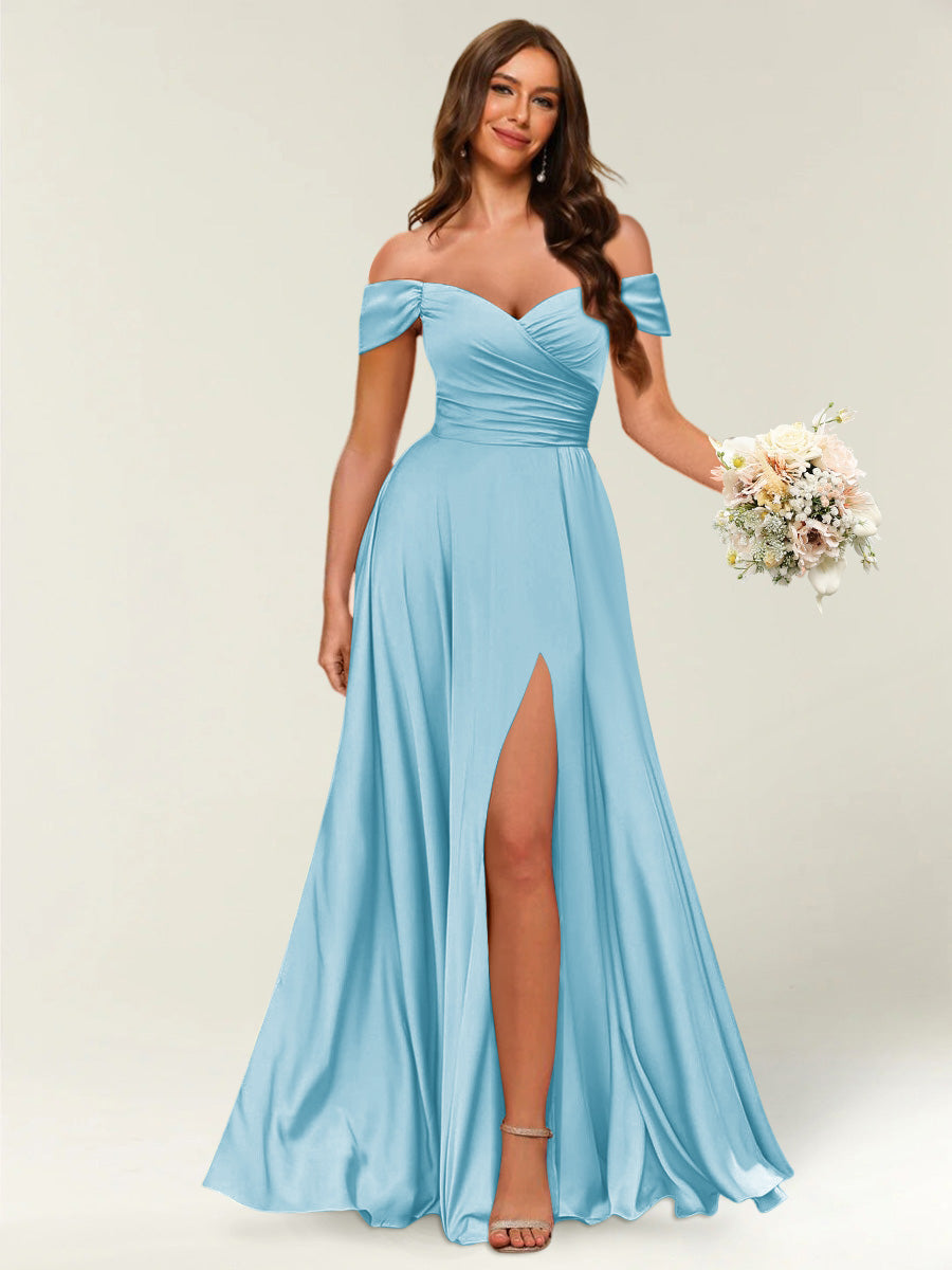 Floor-Length Off-the-Shoulder Long Formal Dresses with Split Side &amp; Ruched
