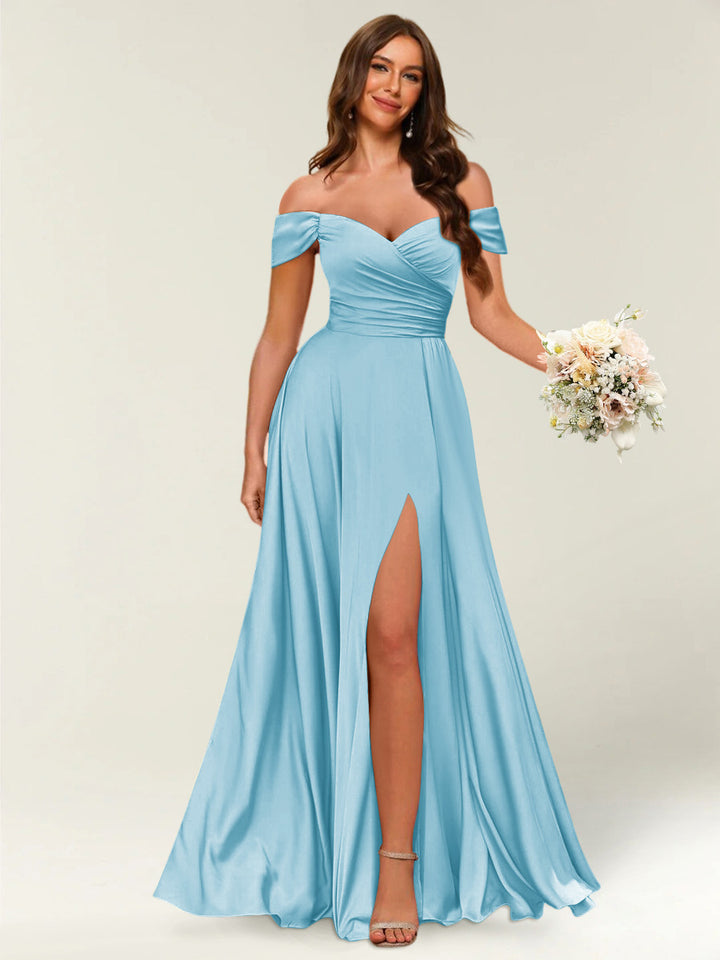 Floor-Length Off-the-Shoulder Long Formal Dresses with Split Side &amp; Ruched
