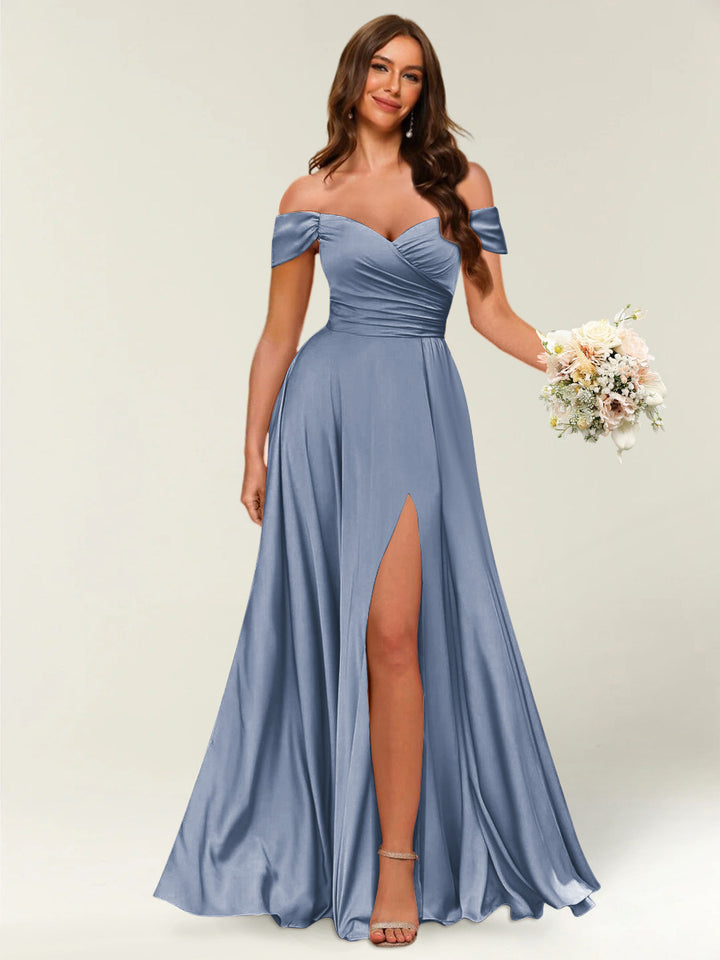 Floor-Length Off-the-Shoulder Long Formal Dresses with Split Side &amp; Ruched