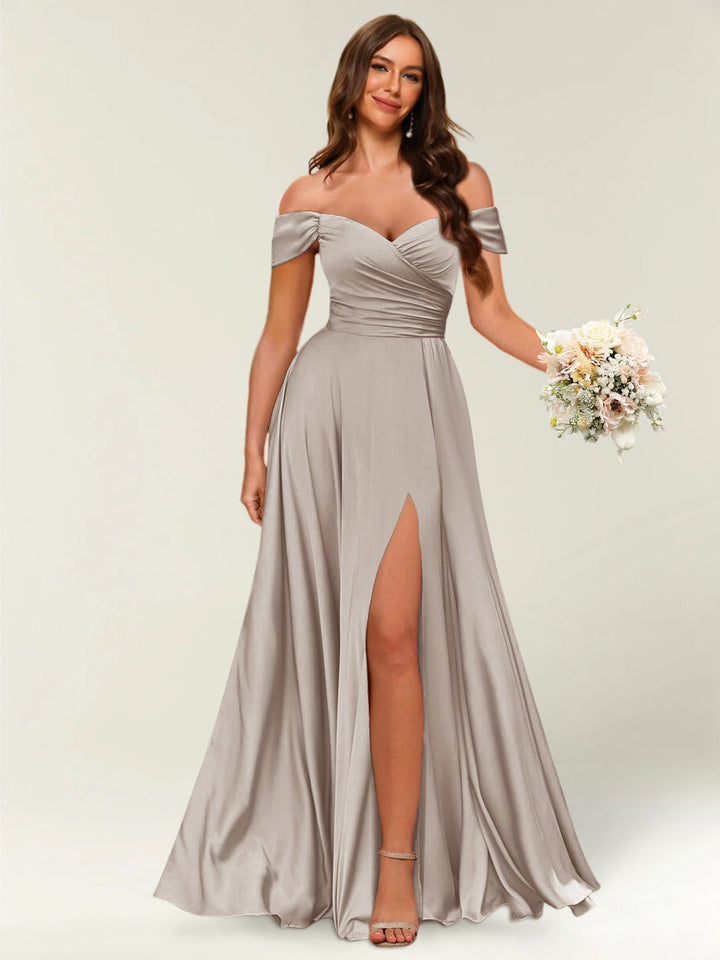 Floor-Length Off-the-Shoulder Long Formal Dresses with Split Side &amp; Ruched