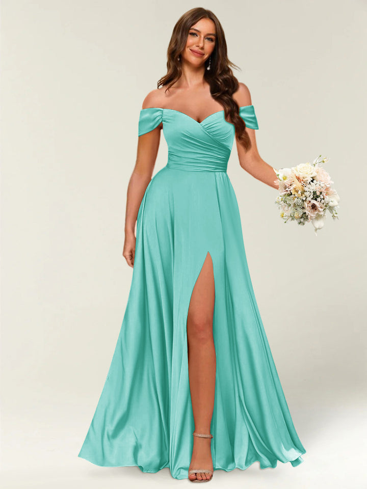 Floor-Length Off-the-Shoulder Long Formal Dresses with Split Side &amp; Ruched