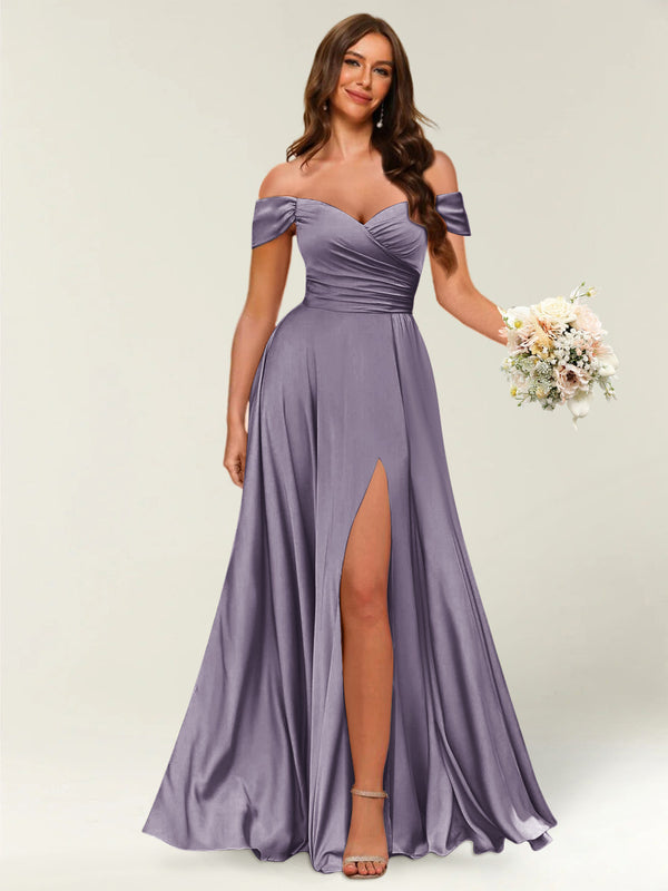 Floor-Length Off-the-Shoulder Long Formal Dresses with Split Side & Ruched
