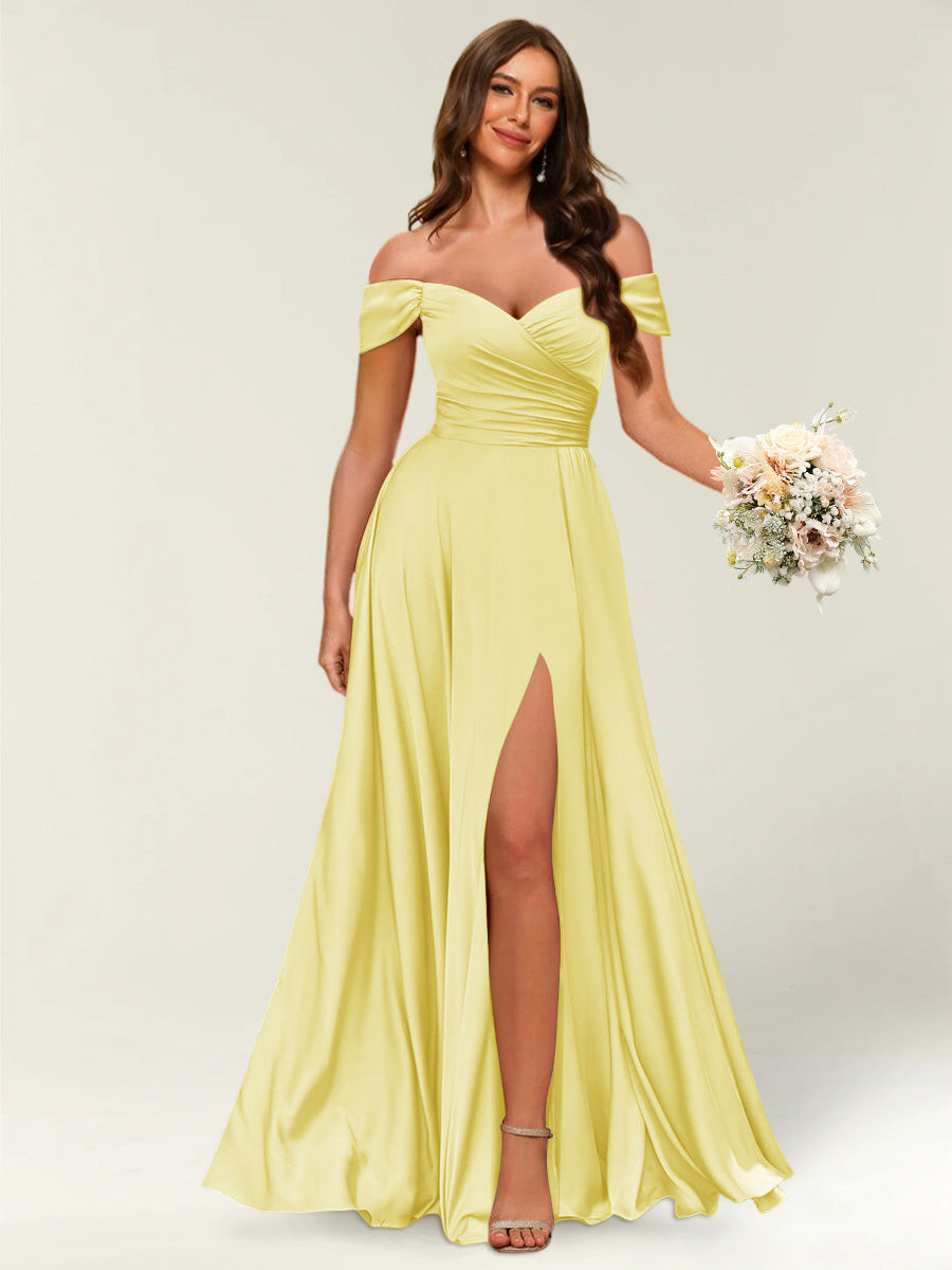 Floor-Length Off-the-Shoulder Long Formal Dresses with Split Side &amp; Ruched
