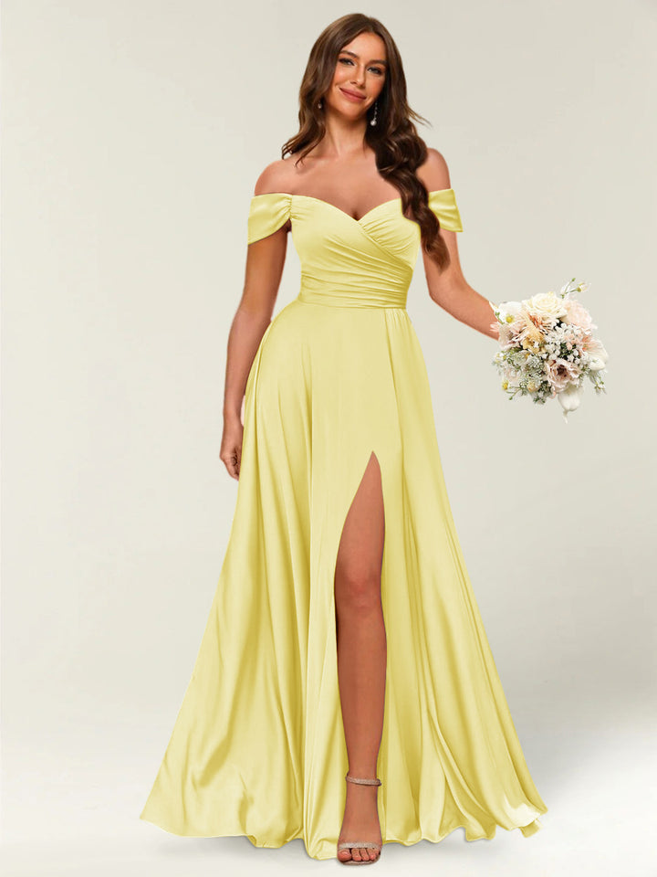 Floor-Length Off-the-Shoulder Long Formal Dresses with Split Side &amp; Ruched