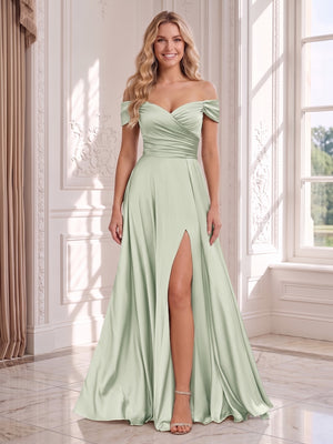 Floor-Length Off-the-Shoulder Wedding Guest Dresses with Split Side & Ruched