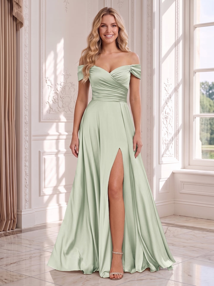 Floor-Length Off-the-Shoulder Wedding Guest Dresses with Split Side &amp; Ruched