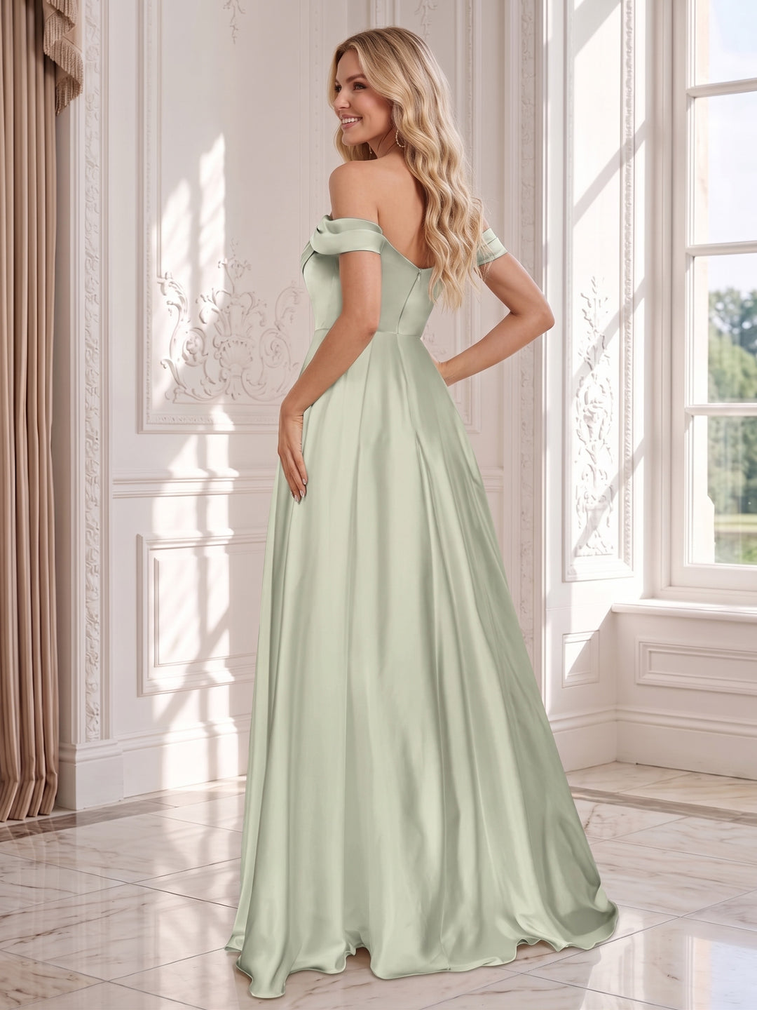 Floor-Length Off-the-Shoulder Wedding Guest Dresses with Split Side &amp; Ruched
