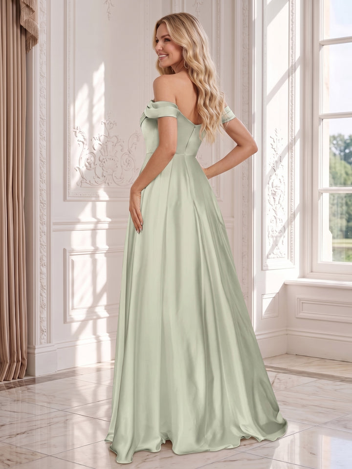 Floor-Length Off-the-Shoulder Wedding Guest Dresses with Split Side &amp; Ruched