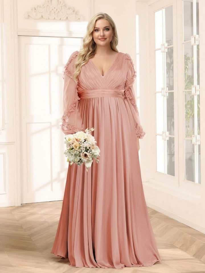 A-Line/Princess V-Neck Long Sleeves Chiffon Empire Plus Size Bridesmaid Dresses
