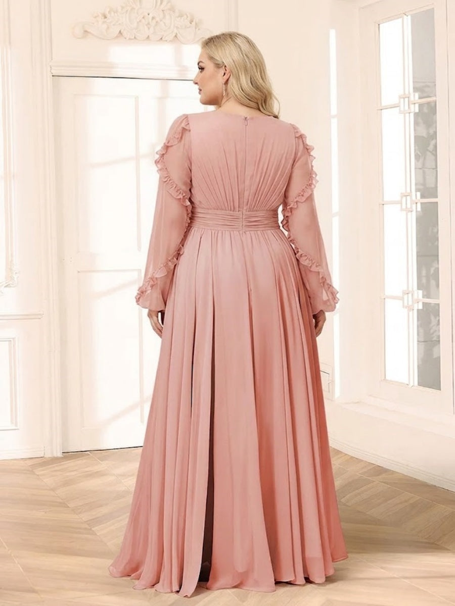 A-Line/Princess V-Neck Long Sleeves Chiffon Empire Plus Size Bridesmaid Dresses