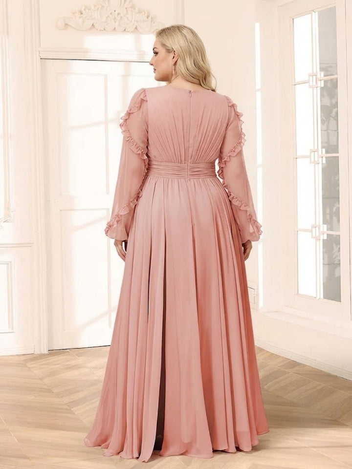 A-Line/Princess V-Neck Long Sleeves Chiffon Empire Plus Size Bridesmaid Dresses