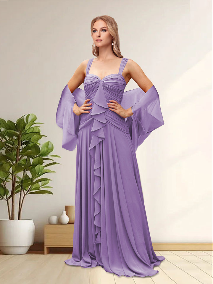 Spaghetti Straps Sleeveless Long Formal Evening Dresses With Ruffles &amp; Jacket