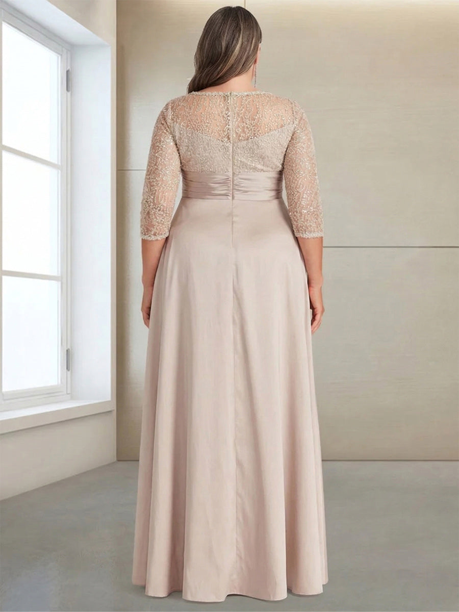 A-Line/Princess Scoop 3/4 Sleeves Floor-Length Plus Size Evening Dresses with Appliques
