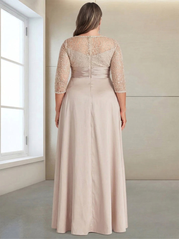 A-Line/Princess Scoop 3/4 Sleeves Floor-Length Plus Size Evening Dresses with Appliques
