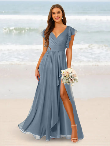 A-Line/Princess V-Neck Floor-Length Bridesmaid Dresses With Split Side